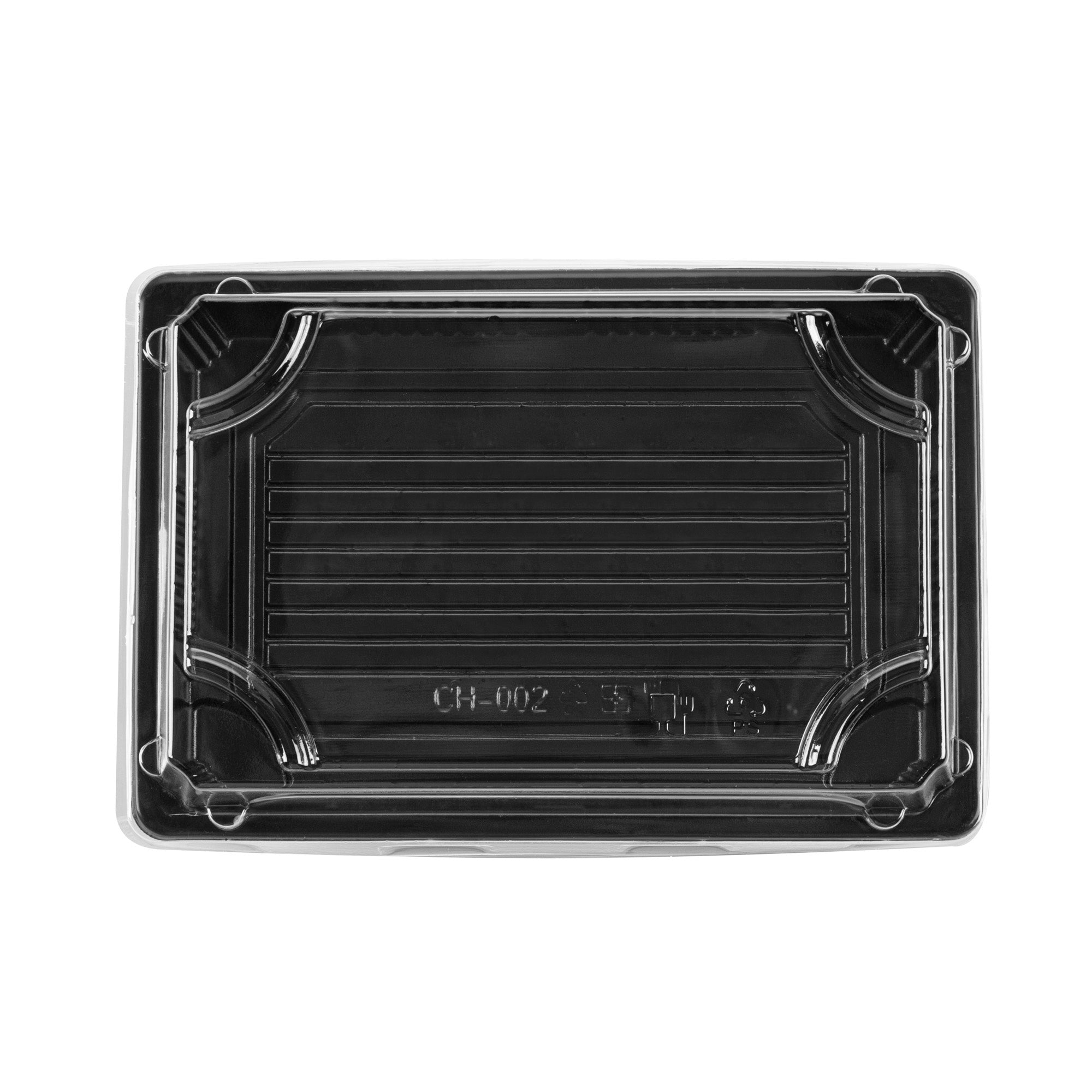 Roku Rectangle Black Plastic Take Out Sushi Tray - with Clear Lid - 7" x 5" x 1 1/2" - 100 count box