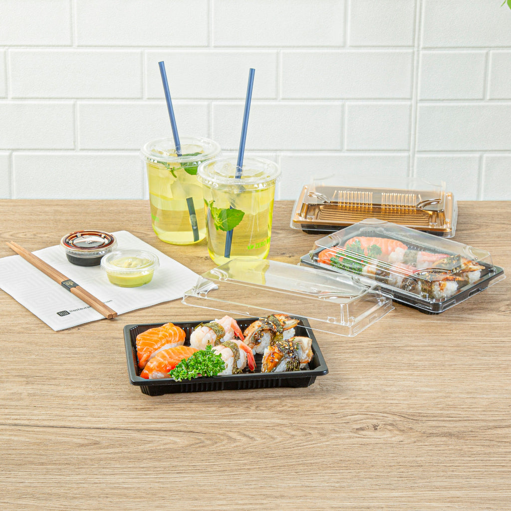 Roku Rectangle Black Plastic Take Out Sushi Tray - with Clear Lid - 7" x 5" x 1 1/2" - 100 count box