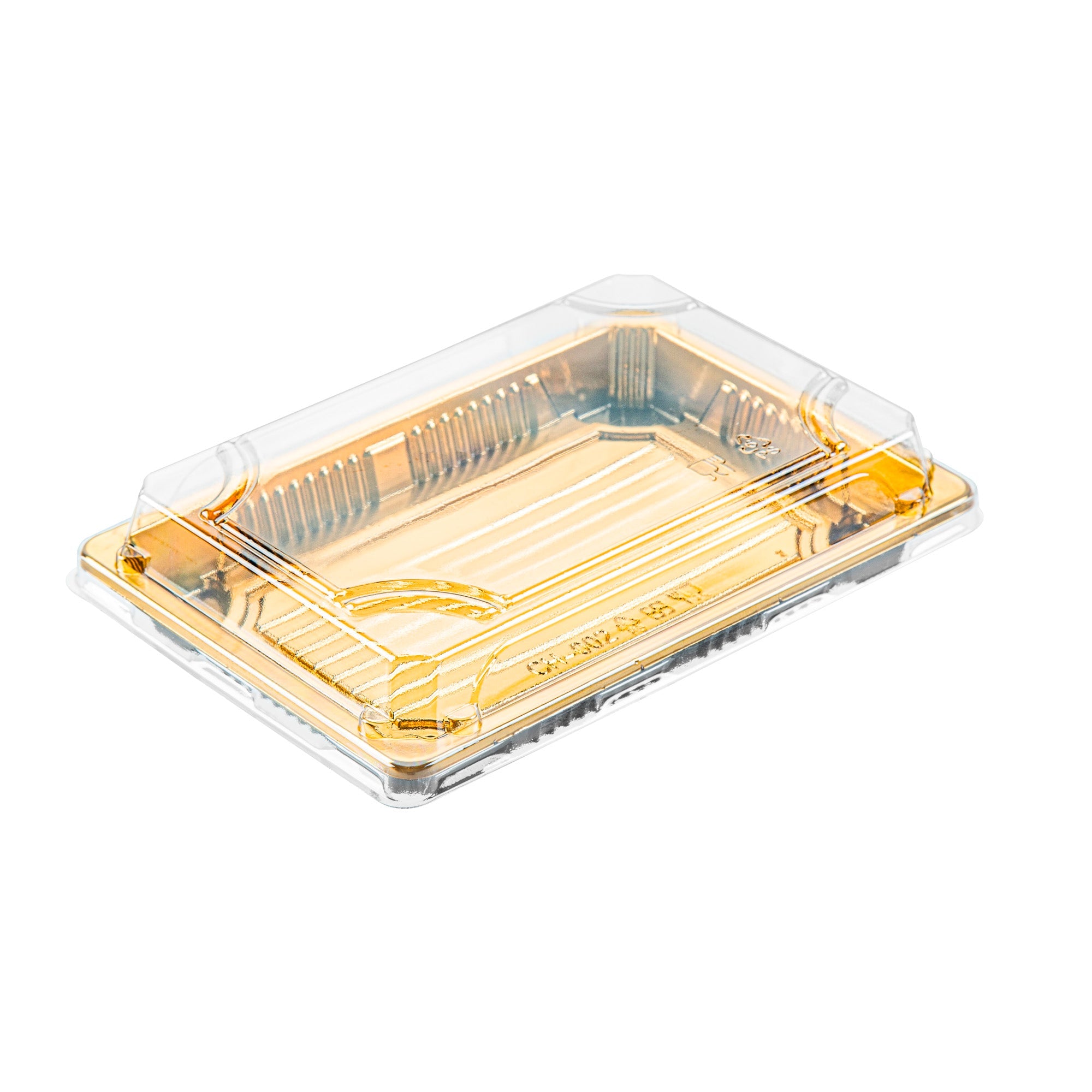 Roku Rectangle Gold Plastic Take Out Sushi Tray - with Clear Lid - 7" x 5" x 1 1/2" - 100 count box