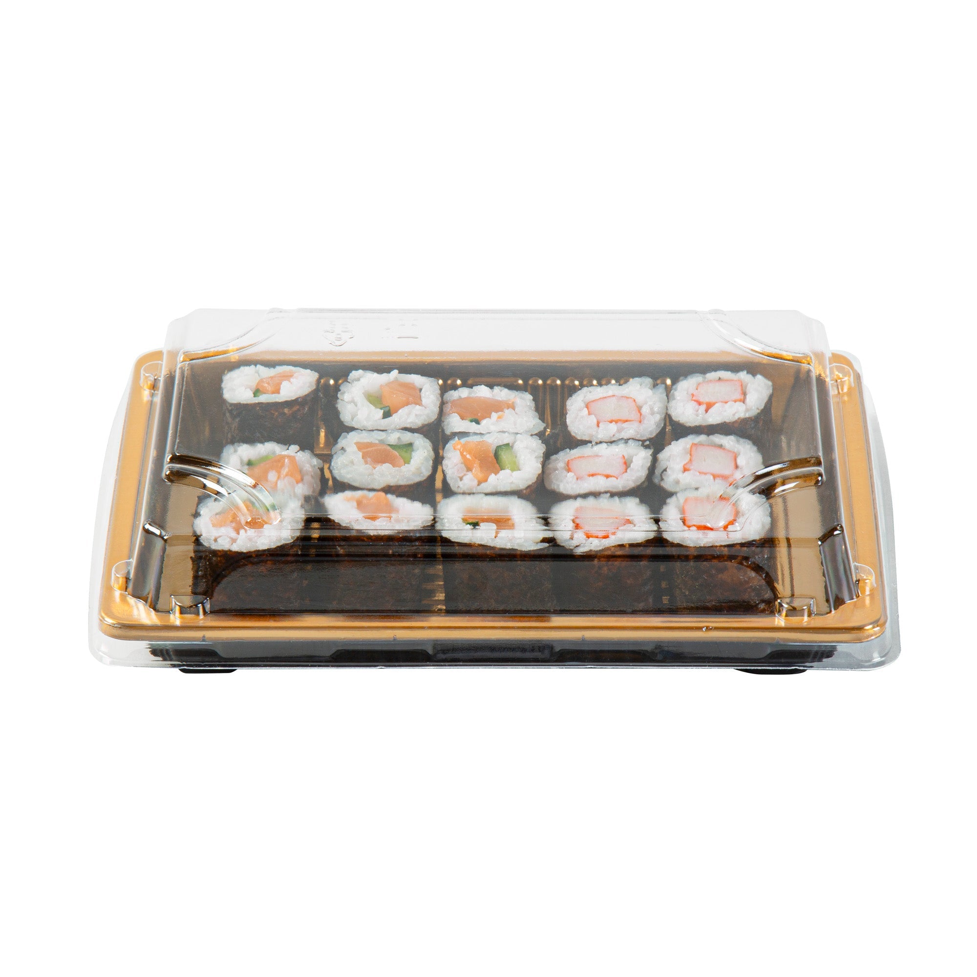 Roku Rectangle Gold Plastic Take Out Sushi Tray - with Clear Lid - 7" x 5" x 1 1/2" - 100 count box