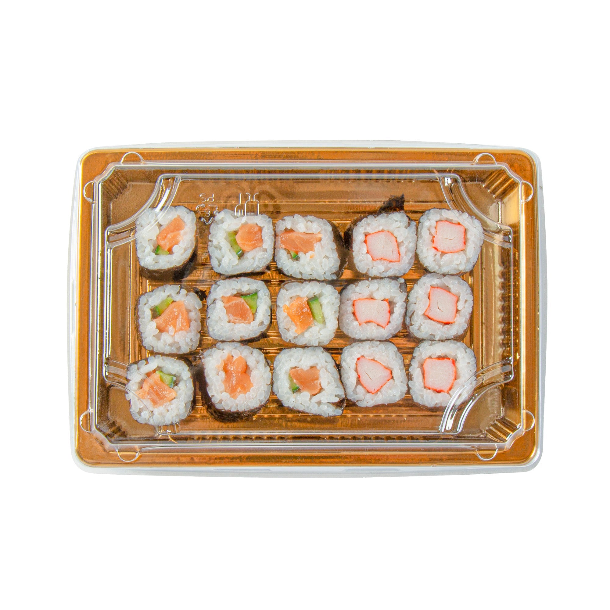 Roku Rectangle Gold Plastic Take Out Sushi Tray - with Clear Lid - 7" x 5" x 1 1/2" - 100 count box