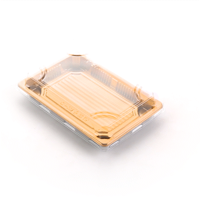 Roku Rectangle Gold Plastic Take Out Sushi Tray - with Clear Lid - 7" x 5" x 1 1/2" - 100 count box