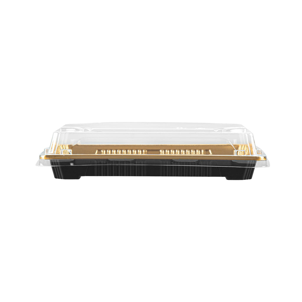 Roku Rectangle Gold Plastic Take Out Sushi Tray - with Clear Lid - 7" x 5" x 1 1/2" - 100 count box