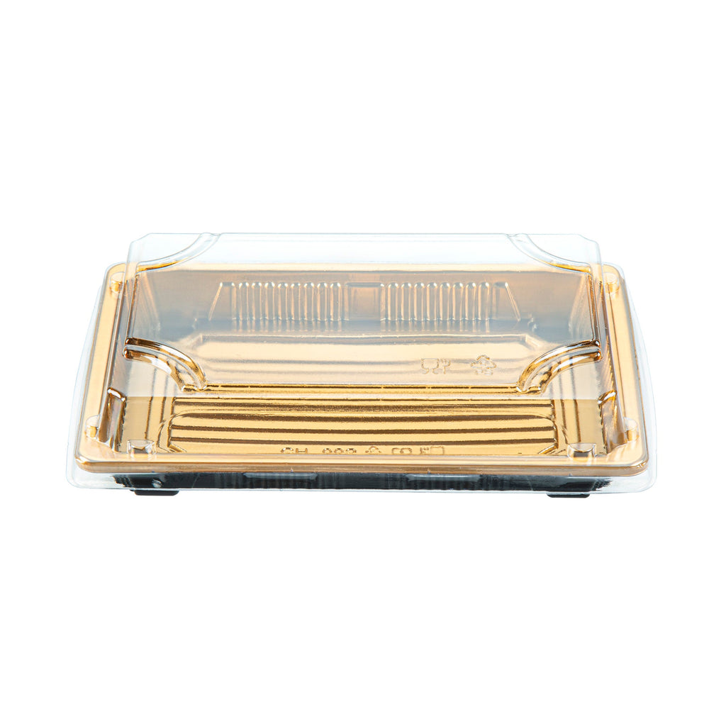 Roku Rectangle Gold Plastic Take Out Sushi Tray - with Clear Lid - 7" x 5" x 1 1/2" - 100 count box