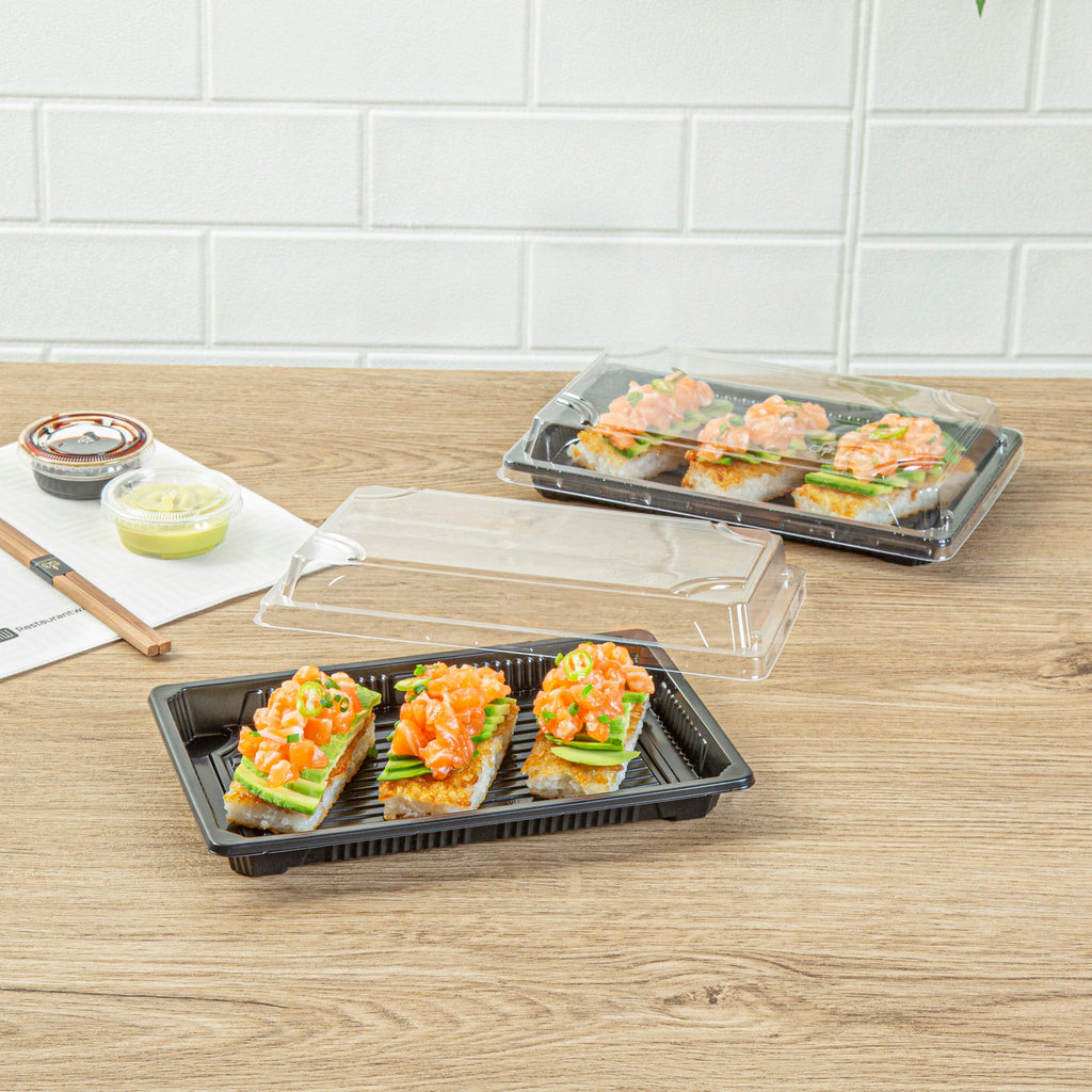 Roku Rectangle Black Plastic Take Out Sushi Tray - with Clear Lid - 8 1/4" x 5 1/4" x 1 1/2" - 100 count box