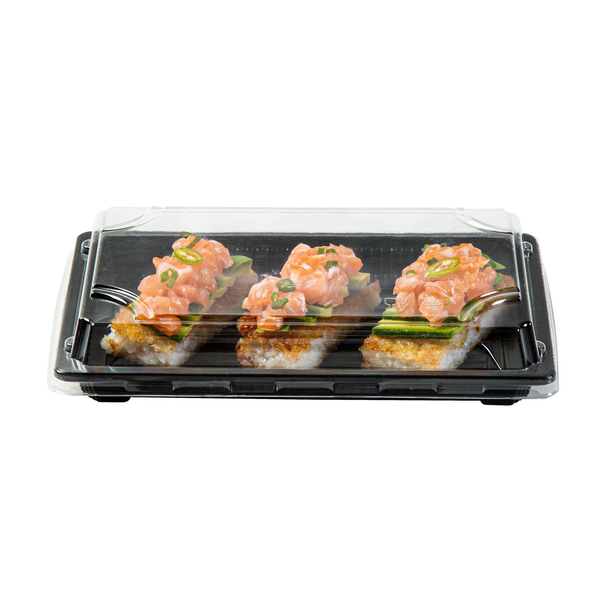 Roku Rectangle Black Plastic Take Out Sushi Tray - with Clear Lid - 8 1/4" x 5 1/4" x 1 1/2" - 100 count box