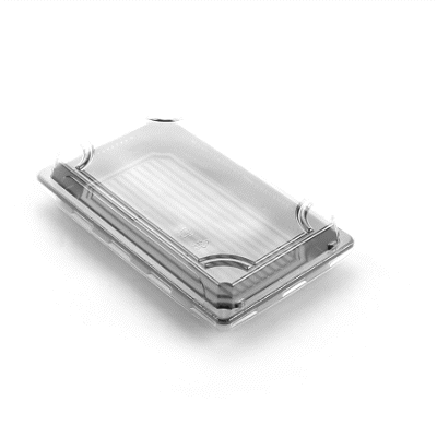 Roku Rectangle Black Plastic Take Out Sushi Tray - with Clear Lid - 8 1/4" x 5 1/4" x 1 1/2" - 100 count box