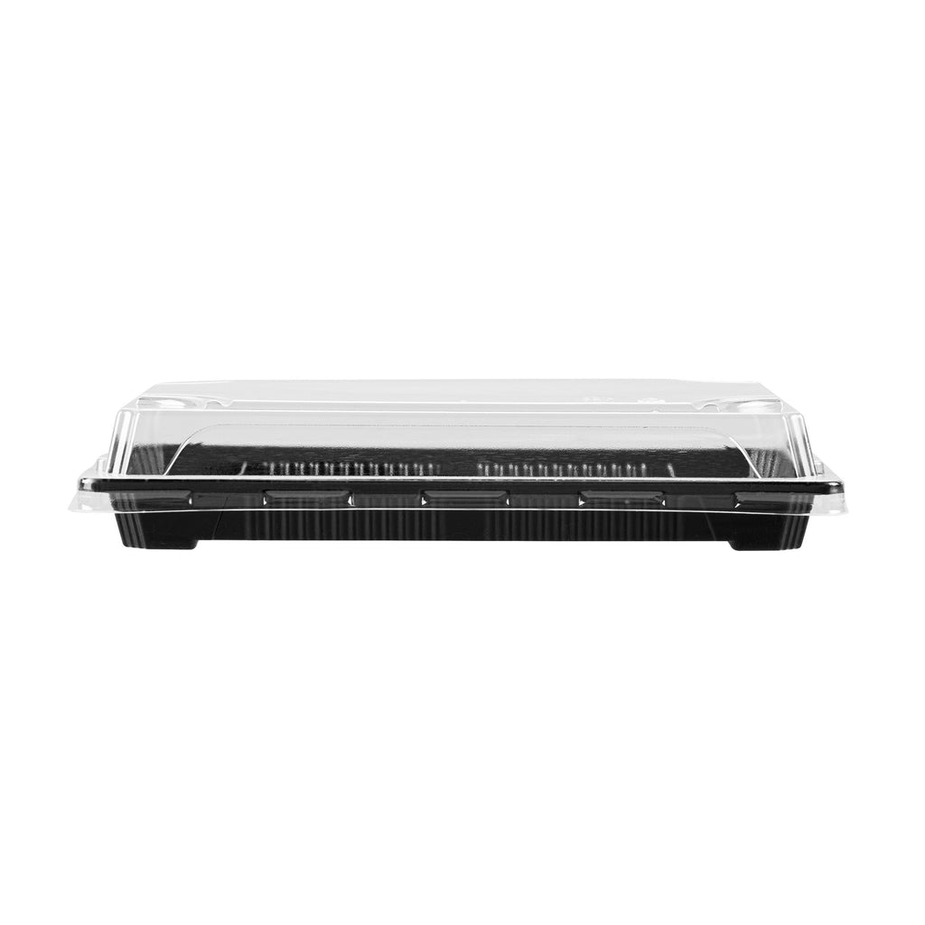 Roku Rectangle Black Plastic Take Out Sushi Tray - with Clear Lid - 8 1/4" x 5 1/4" x 1 1/2" - 100 count box