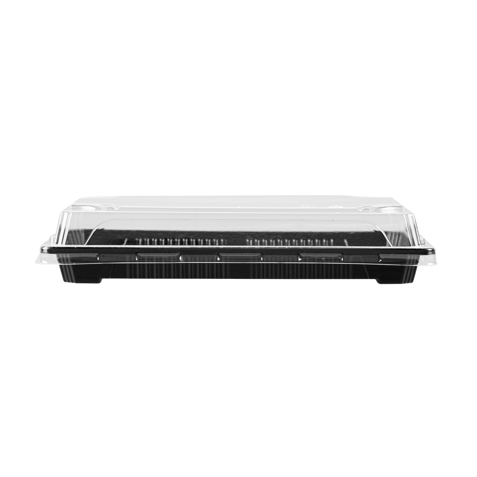 Roku Rectangle Black Plastic Take Out Sushi Tray - with Clear Lid - 8 1/4" x 5 1/4" x 1 1/2" - 100 count box