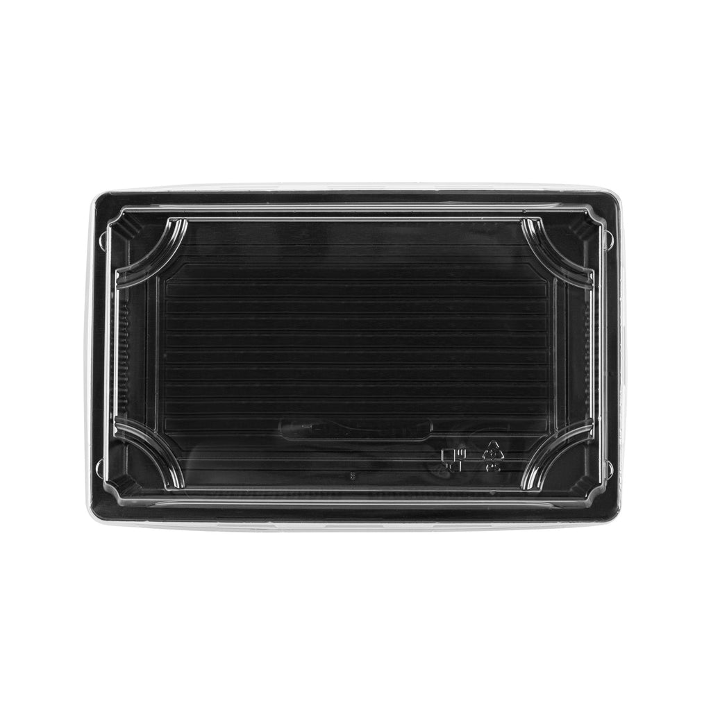 Roku Rectangle Black Plastic Take Out Sushi Tray - with Clear Lid - 8 1/4" x 5 1/4" x 1 1/2" - 100 count box
