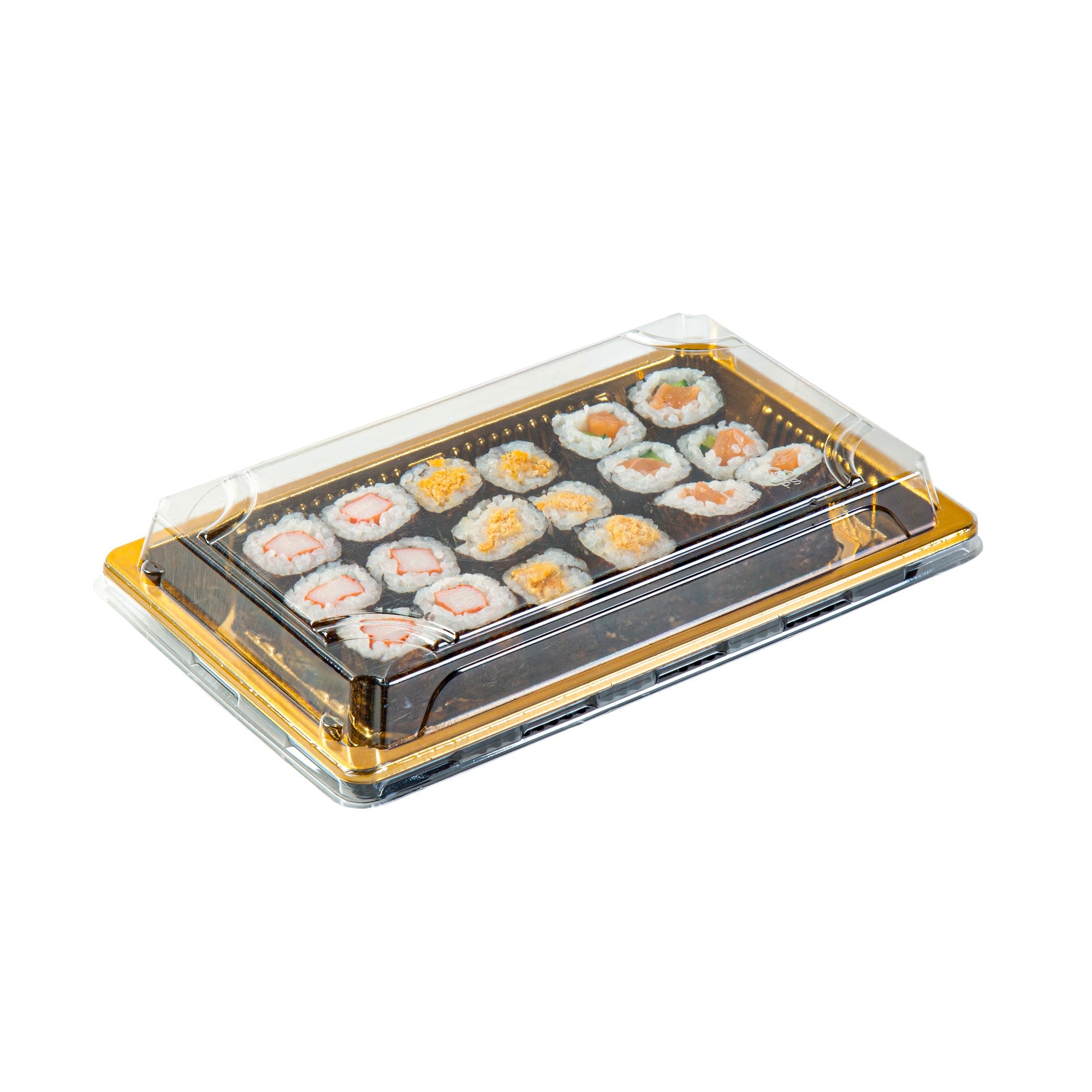 Roku Rectangle Gold Plastic Take Out Sushi Tray - with Clear Lid - 8 1/4" x 5 1/4" x 1 1/2" - 100 count box
