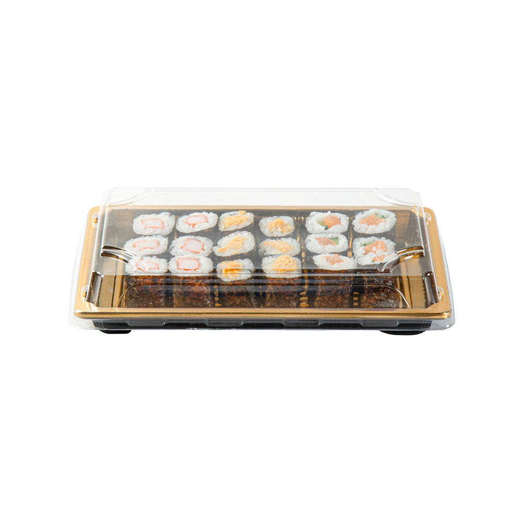 Roku Rectangle Gold Plastic Take Out Sushi Tray - with Clear Lid - 8 1/4" x 5 1/4" x 1 1/2" - 100 count box