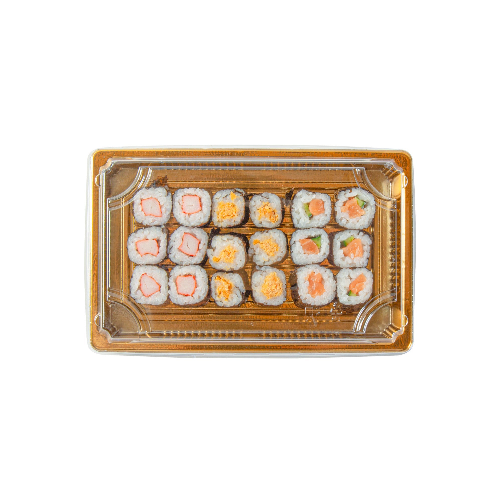 Roku Rectangle Gold Plastic Take Out Sushi Tray - with Clear Lid - 8 1/4" x 5 1/4" x 1 1/2" - 100 count box