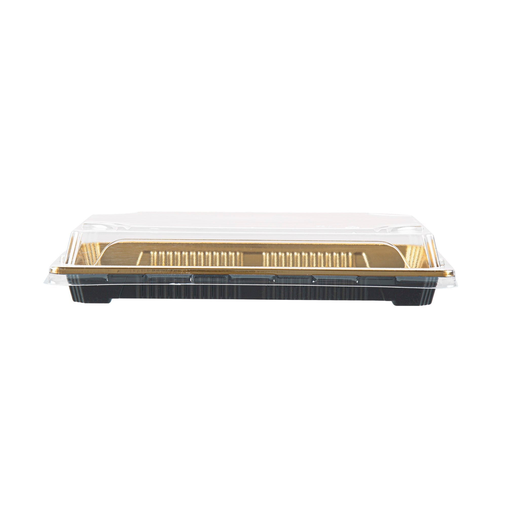 Roku Rectangle Gold Plastic Take Out Sushi Tray - with Clear Lid - 8 1/4" x 5 1/4" x 1 1/2" - 100 count box
