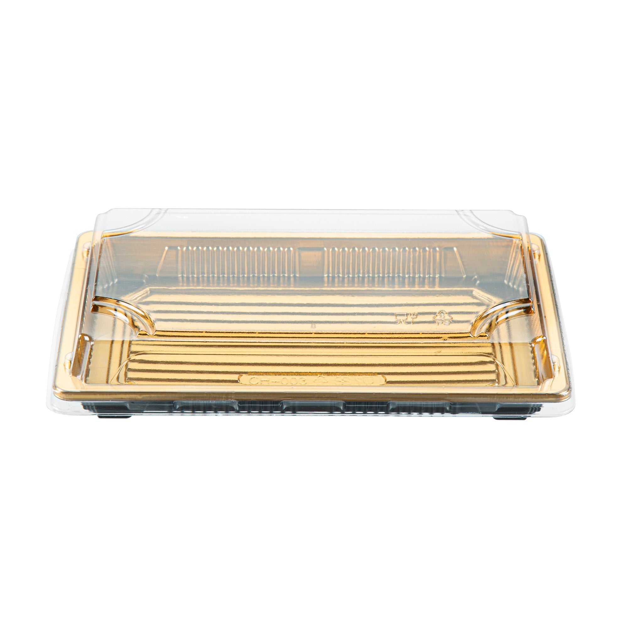 Roku Rectangle Gold Plastic Take Out Sushi Tray - with Clear Lid - 8 1/4" x 5 1/4" x 1 1/2" - 100 count box