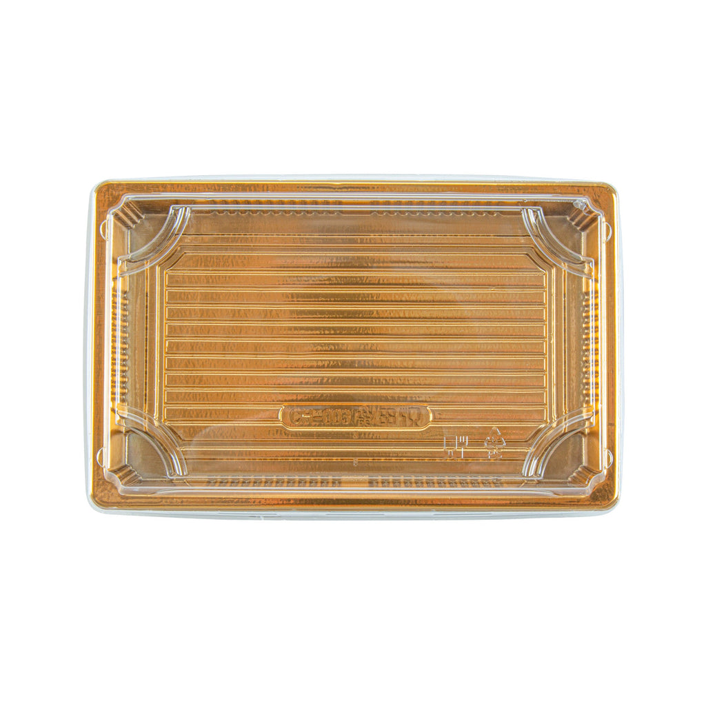 Roku Rectangle Gold Plastic Take Out Sushi Tray - with Clear Lid - 8 1/4" x 5 1/4" x 1 1/2" - 100 count box