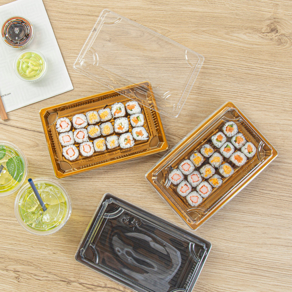 Roku Rectangle Gold Plastic Take Out Sushi Tray - with Clear Lid - 8 1/4" x 5 1/4" x 1 1/2" - 100 count box