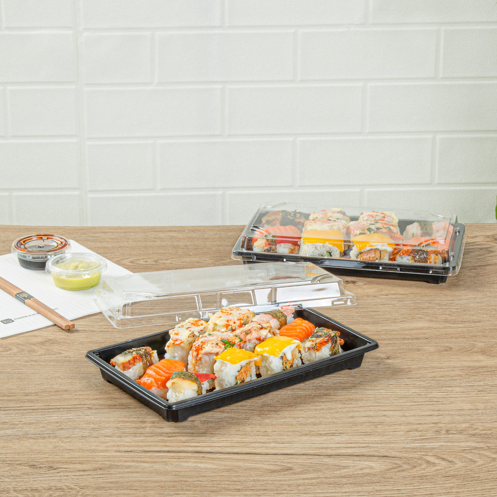 Roku Rectangle Black Plastic Take Out Sushi Tray - with Clear Lid - 9 1/4" x 6" x 1 3/4" - 100 count box