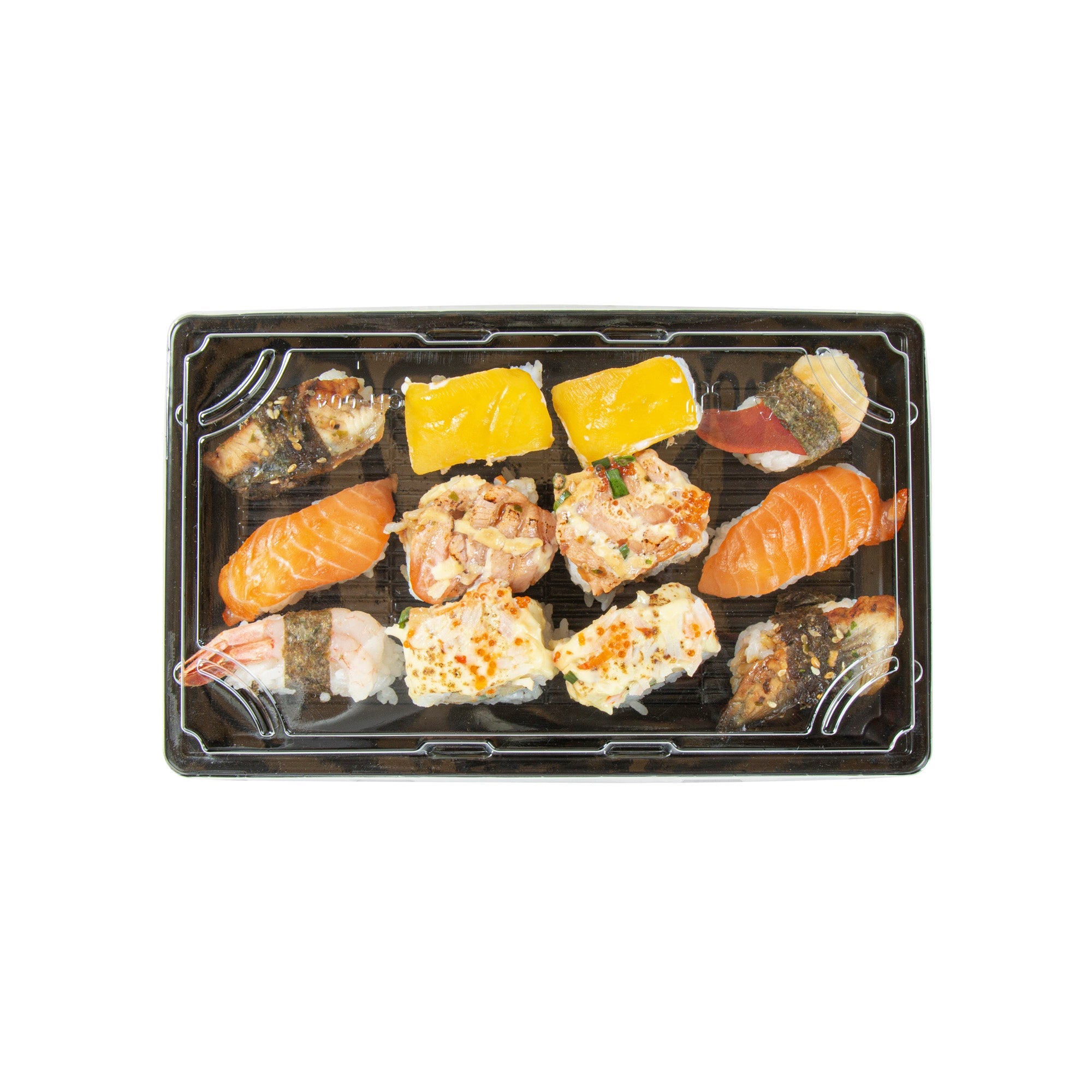 Roku Rectangle Black Plastic Take Out Sushi Tray - with Clear Lid - 9 1/4" x 6" x 1 3/4" - 100 count box