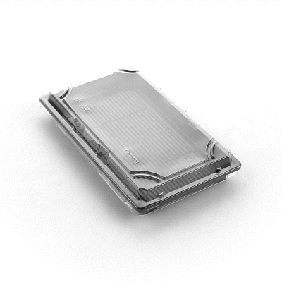 Roku Rectangle Black Plastic Take Out Sushi Tray - with Clear Lid - 9 1/4" x 6" x 1 3/4" - 100 count box