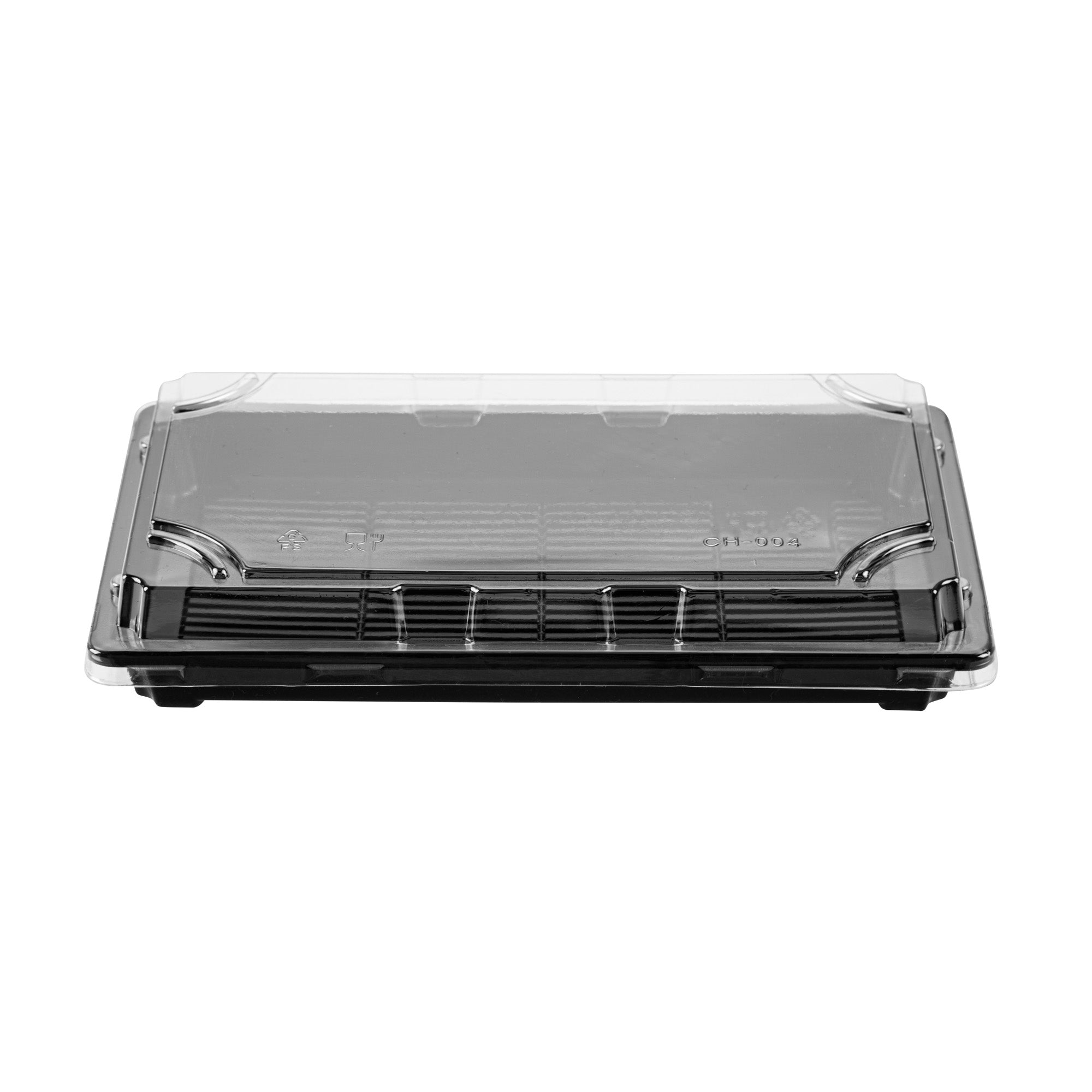 Roku Rectangle Black Plastic Take Out Sushi Tray - with Clear Lid - 9 1/4" x 6" x 1 3/4" - 100 count box