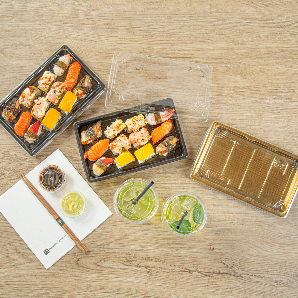 Roku Rectangle Black Plastic Take Out Sushi Tray - with Clear Lid - 9 1/4" x 6" x 1 3/4" - 100 count box