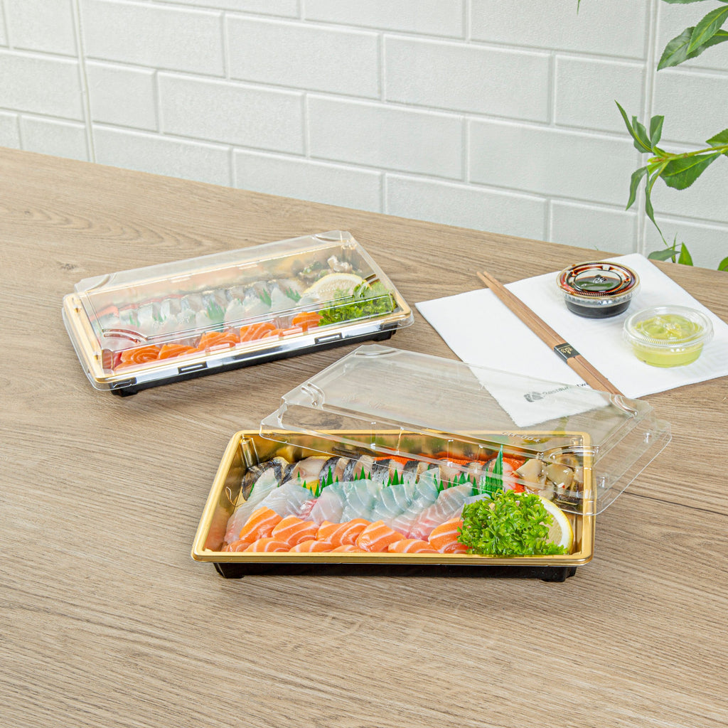 Roku Rectangle Gold Plastic Take Out Sushi Tray - with Clear Lid - 9 1/4" x 6" x 1 3/4" - 100 count box