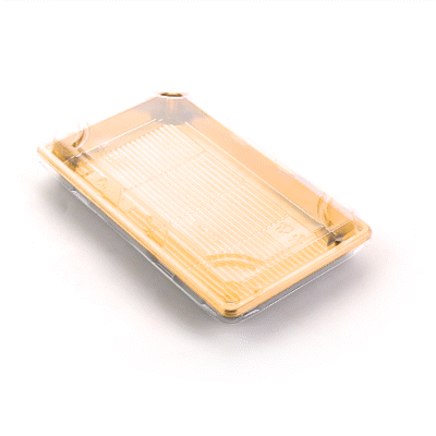 Roku Rectangle Gold Plastic Take Out Sushi Tray - with Clear Lid - 9 1/4" x 6" x 1 3/4" - 100 count box