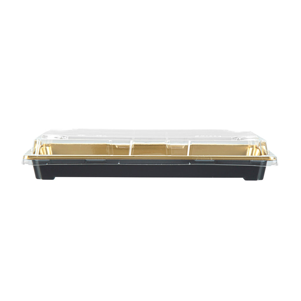 Roku Rectangle Gold Plastic Take Out Sushi Tray - with Clear Lid - 9 1/4" x 6" x 1 3/4" - 100 count box
