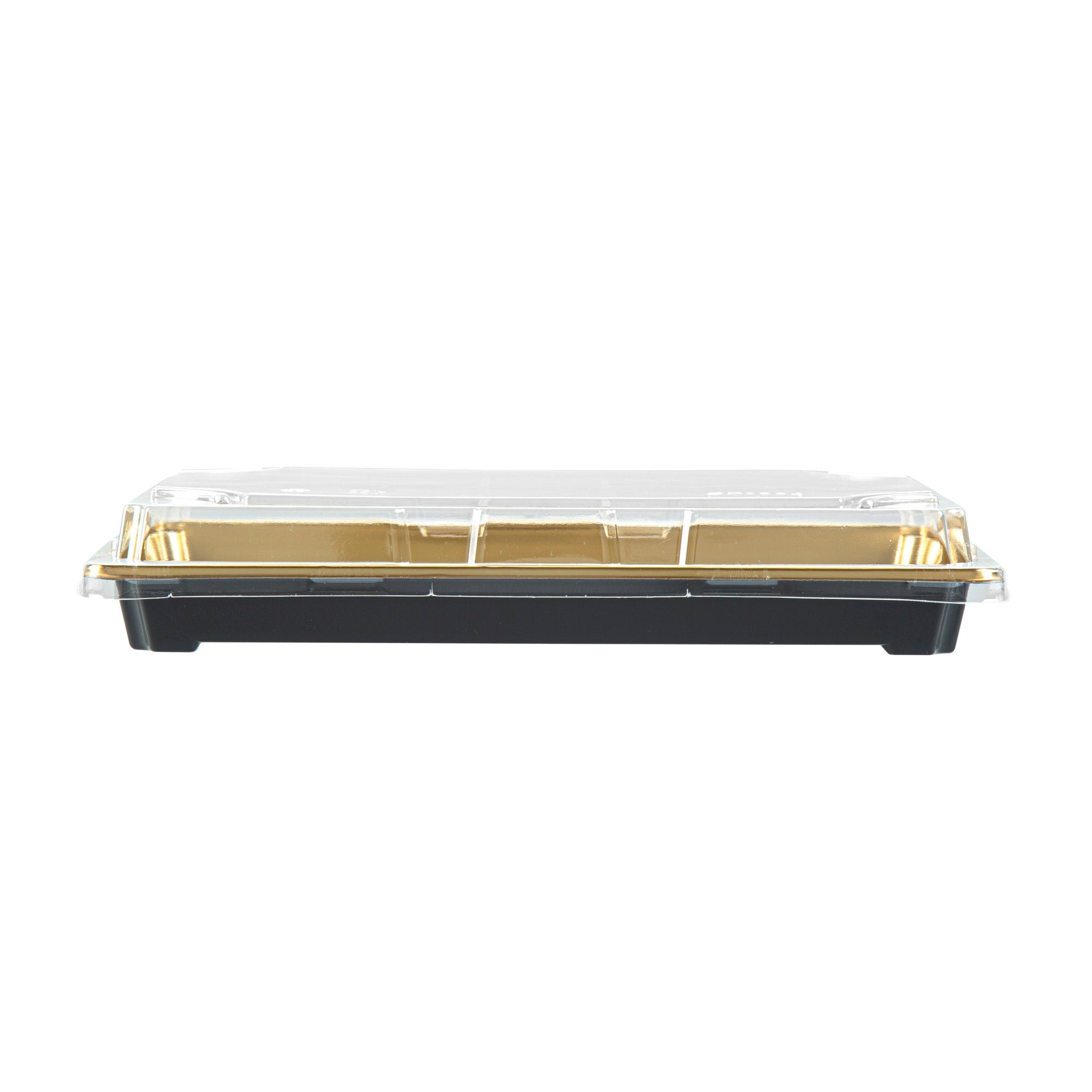 Roku Rectangle Gold Plastic Take Out Sushi Tray - with Clear Lid - 9 1/4" x 6" x 1 3/4" - 100 count box