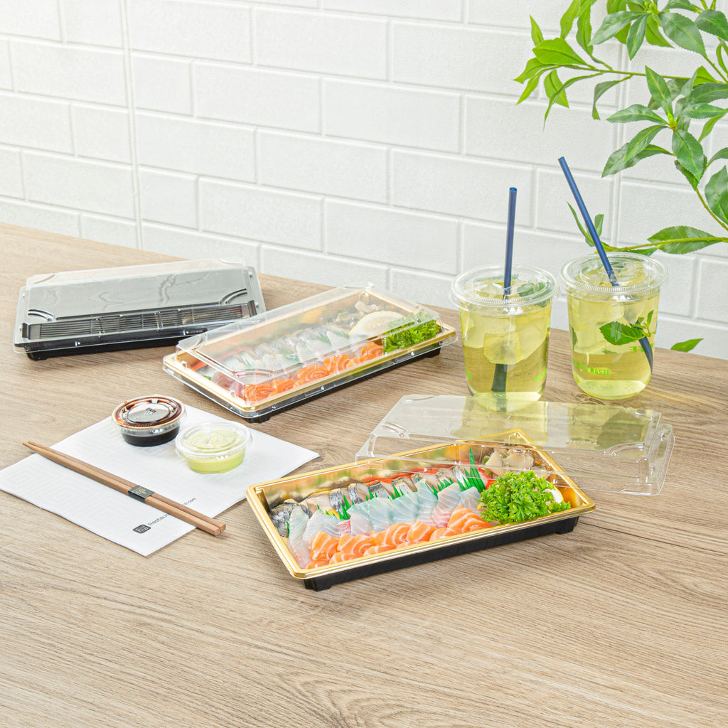 Roku Rectangle Gold Plastic Take Out Sushi Tray - with Clear Lid - 9 1/4" x 6" x 1 3/4" - 100 count box