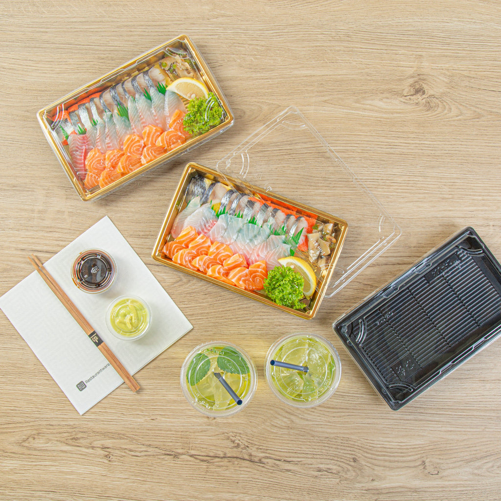 Roku Rectangle Gold Plastic Take Out Sushi Tray - with Clear Lid - 9 1/4" x 6" x 1 3/4" - 100 count box