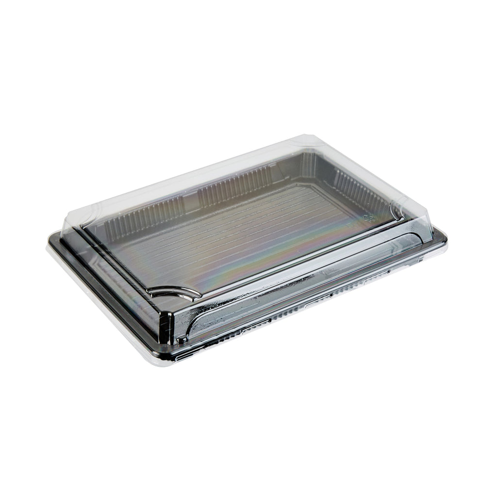 Roku Rectangle Black Plastic Take Out Sushi Tray - with Clear Lid - 10" x 7 1/4" x 1 3/4" - 100 count box