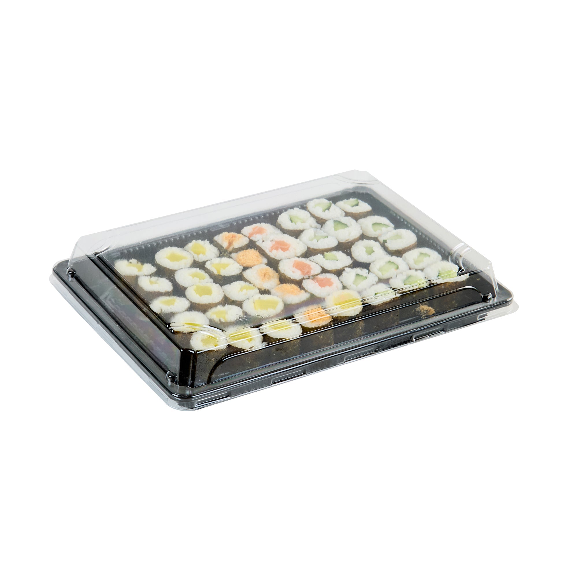 Roku Rectangle Black Plastic Take Out Sushi Tray - with Clear Lid - 10" x 7 1/4" x 1 3/4" - 100 count box