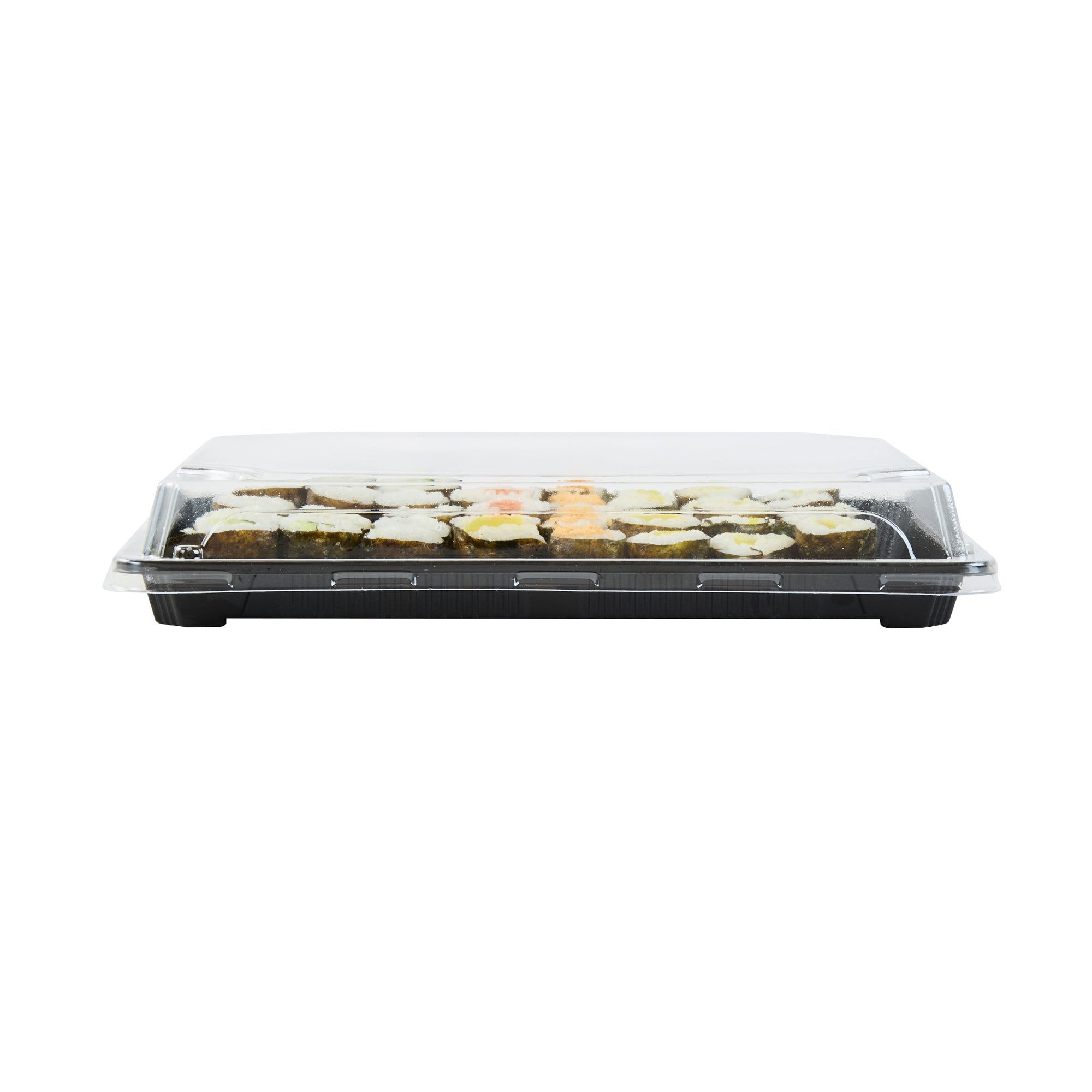 Roku Rectangle Black Plastic Take Out Sushi Tray - with Clear Lid - 10" x 7 1/4" x 1 3/4" - 100 count box