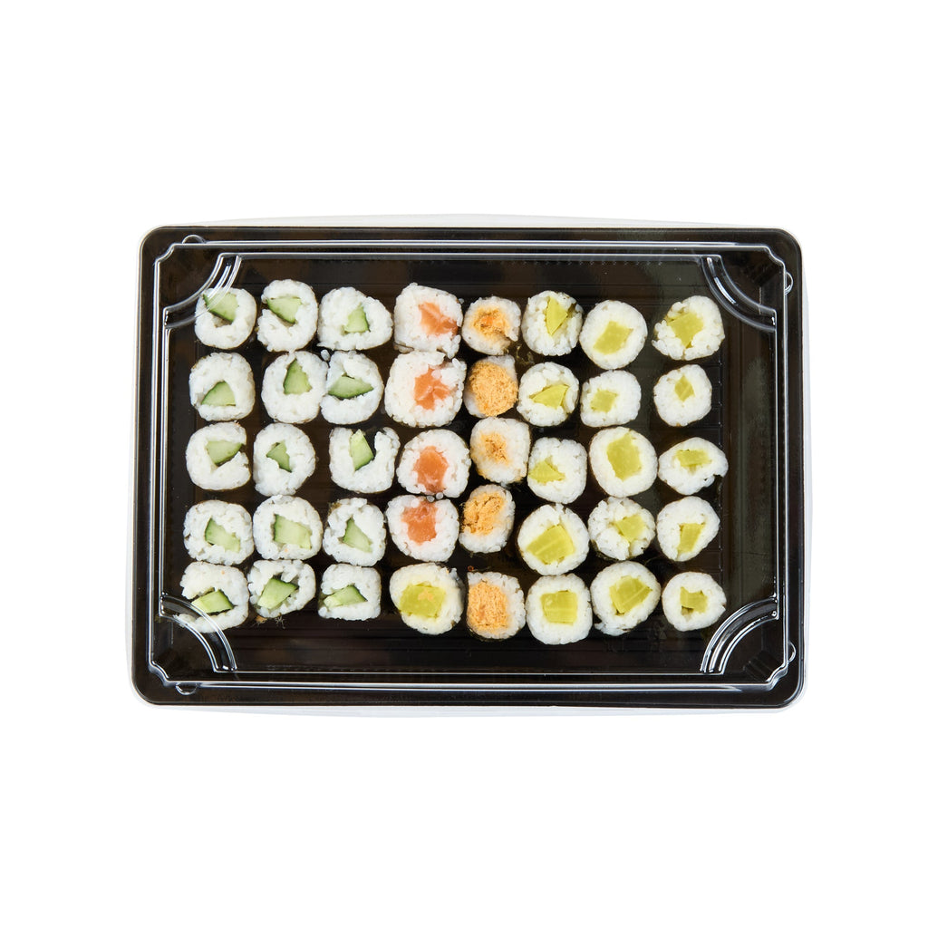 Roku Rectangle Black Plastic Take Out Sushi Tray - with Clear Lid - 10" x 7 1/4" x 1 3/4" - 100 count box
