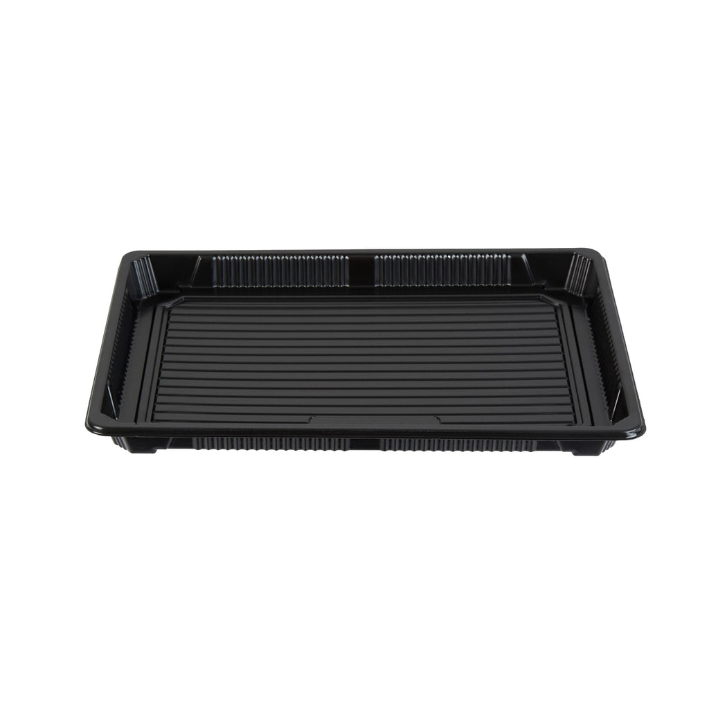 Roku Rectangle Black Plastic Take Out Sushi Tray - with Clear Lid - 10" x 7 1/4" x 1 3/4" - 100 count box