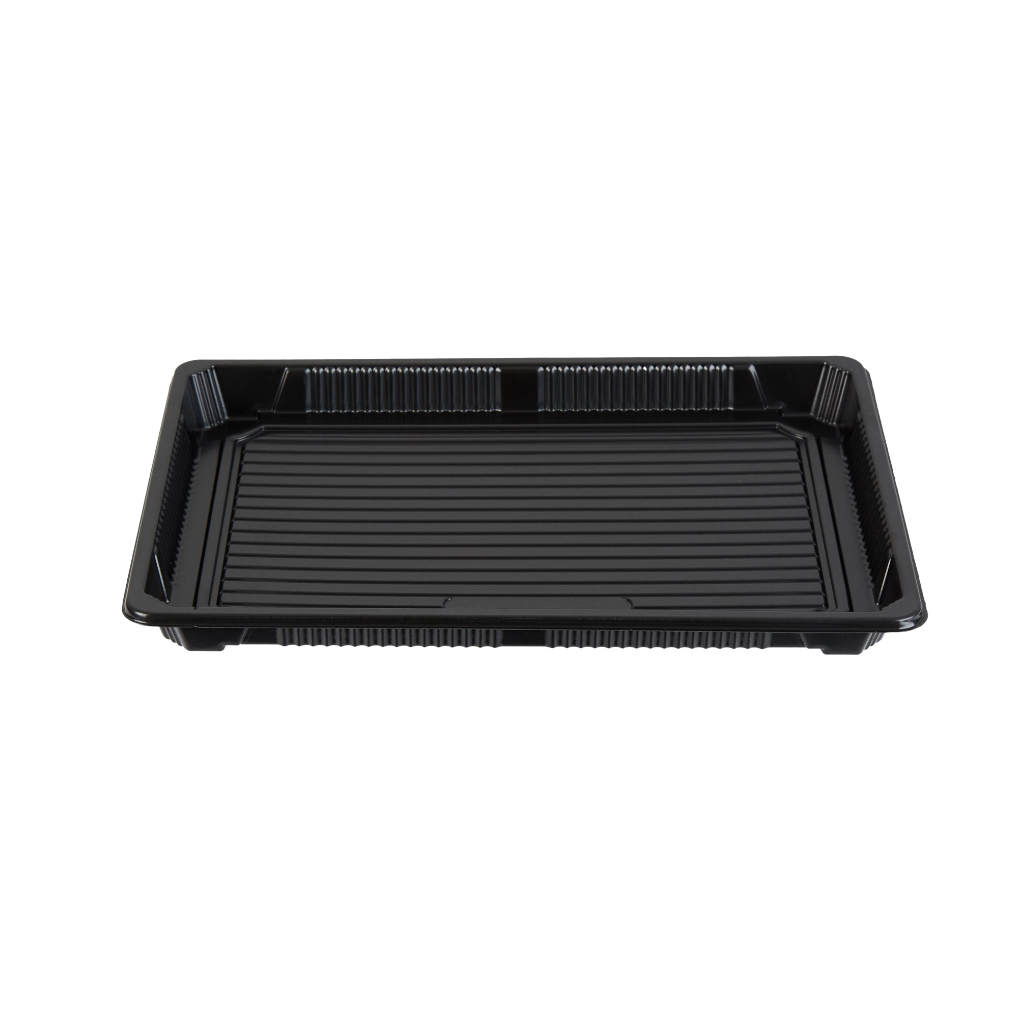 Roku Rectangle Black Plastic Take Out Sushi Tray - with Clear Lid - 10" x 7 1/4" x 1 3/4" - 100 count box