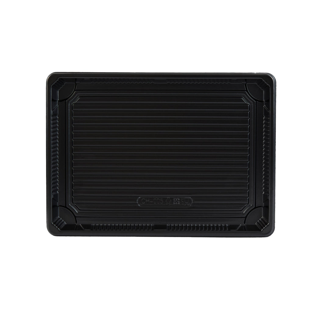 Roku Rectangle Black Plastic Take Out Sushi Tray - with Clear Lid - 10" x 7 1/4" x 1 3/4" - 100 count box