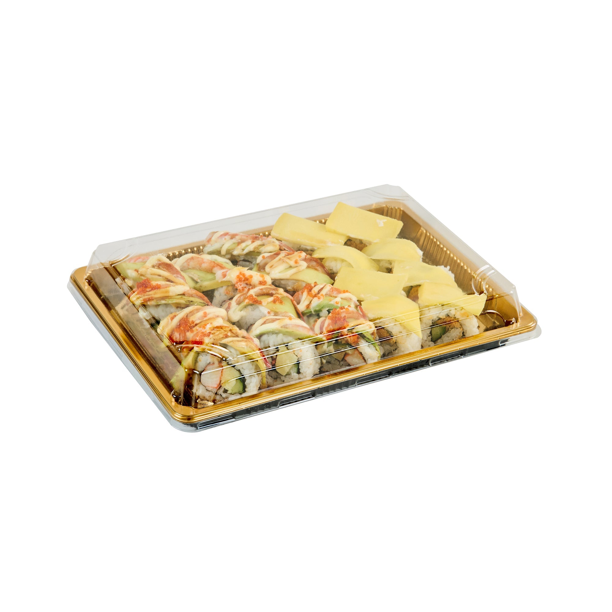 Roku Rectangle Gold Plastic Take Out Sushi Tray - with Clear Lid - 10" x 7 1/4" x 1 3/4" - 100 count box