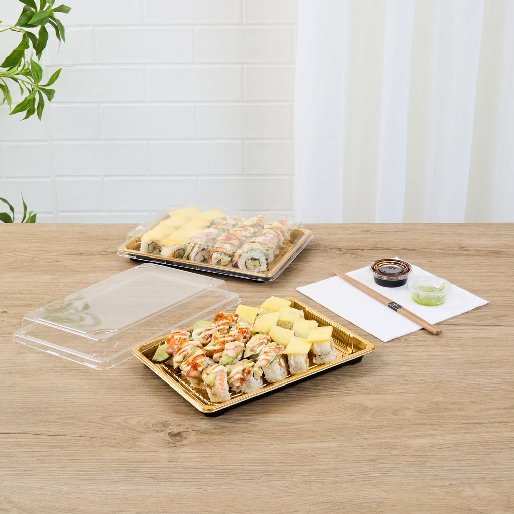 Roku Rectangle Gold Plastic Take Out Sushi Tray - with Clear Lid - 10" x 7 1/4" x 1 3/4" - 100 count box