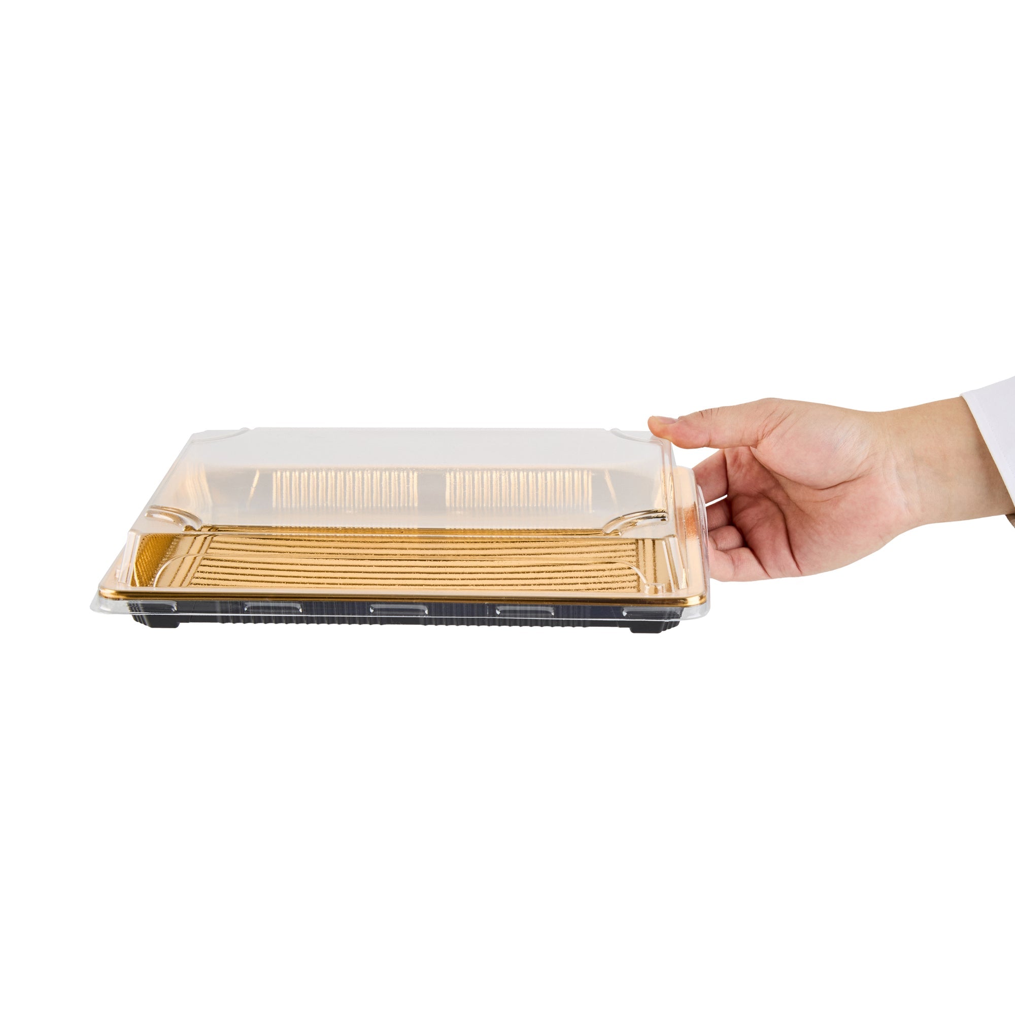 Roku Rectangle Gold Plastic Take Out Sushi Tray - with Clear Lid - 10" x 7 1/4" x 1 3/4" - 100 count box