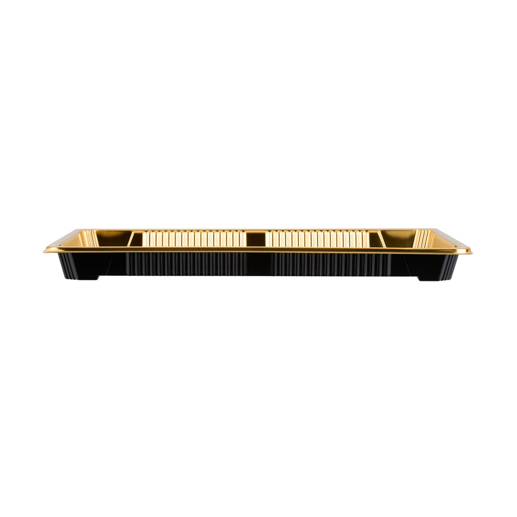 Roku Rectangle Gold Plastic Take Out Sushi Tray - with Clear Lid - 10" x 7 1/4" x 1 3/4" - 100 count box