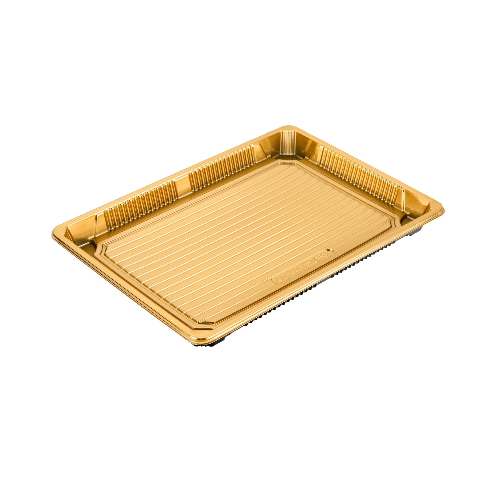 Roku Rectangle Gold Plastic Take Out Sushi Tray - with Clear Lid - 10" x 7 1/4" x 1 3/4" - 100 count box