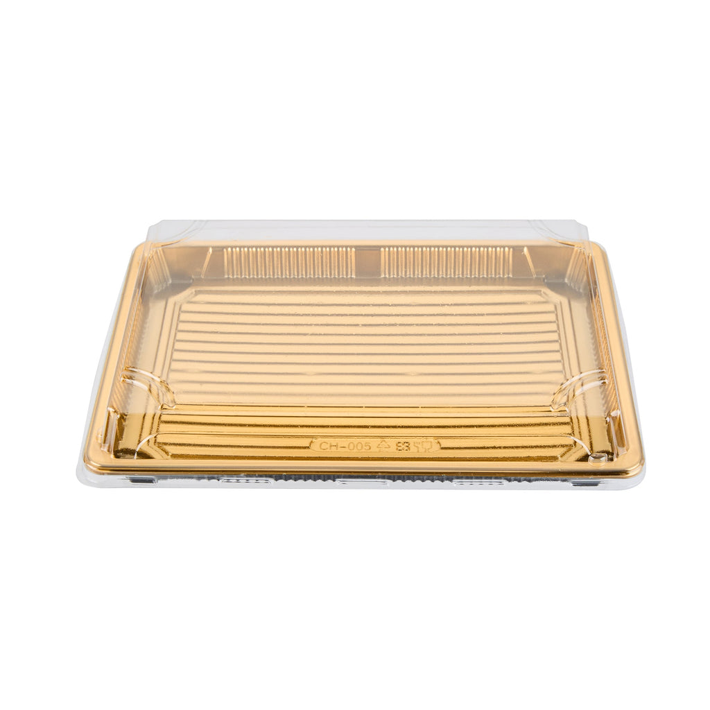 Roku Rectangle Gold Plastic Take Out Sushi Tray - with Clear Lid - 10" x 7 1/4" x 1 3/4" - 100 count box