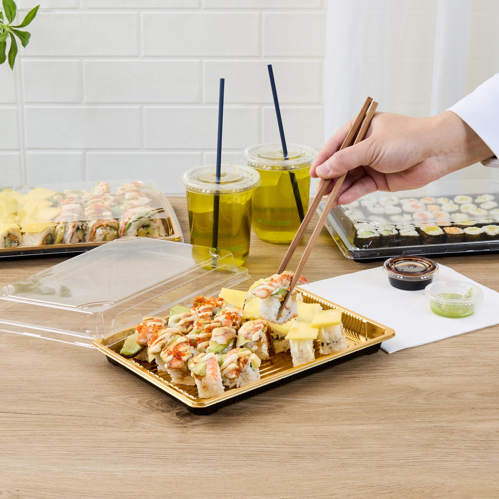Roku Rectangle Gold Plastic Take Out Sushi Tray - with Clear Lid - 10" x 7 1/4" x 1 3/4" - 100 count box