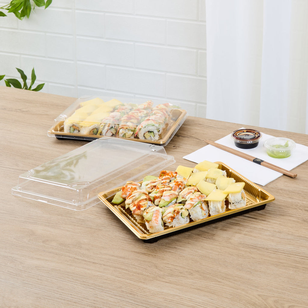 Roku Rectangle Gold Plastic Take Out Sushi Tray - with Clear Lid - 10" x 7 1/4" x 1 3/4" - 100 count box