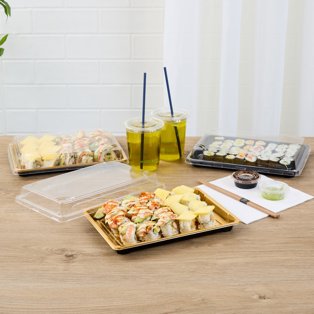 Roku Rectangle Gold Plastic Take Out Sushi Tray - with Clear Lid - 10" x 7 1/4" x 1 3/4" - 100 count box
