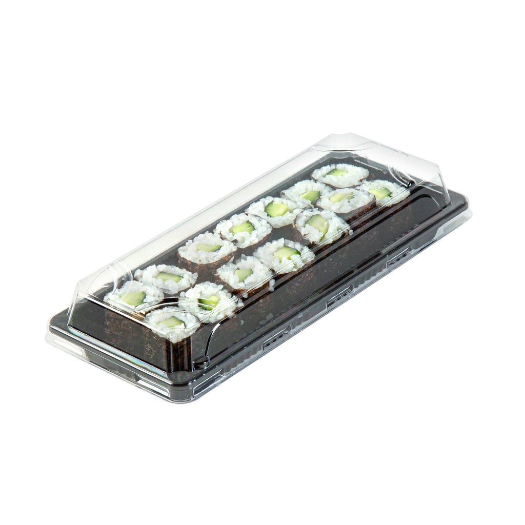 Roku Rectangle Black Plastic Take Out Sushi Tray - with Clear Lid - 8 1/2" x 3 1/4" x 1 3/4" - 100 count box