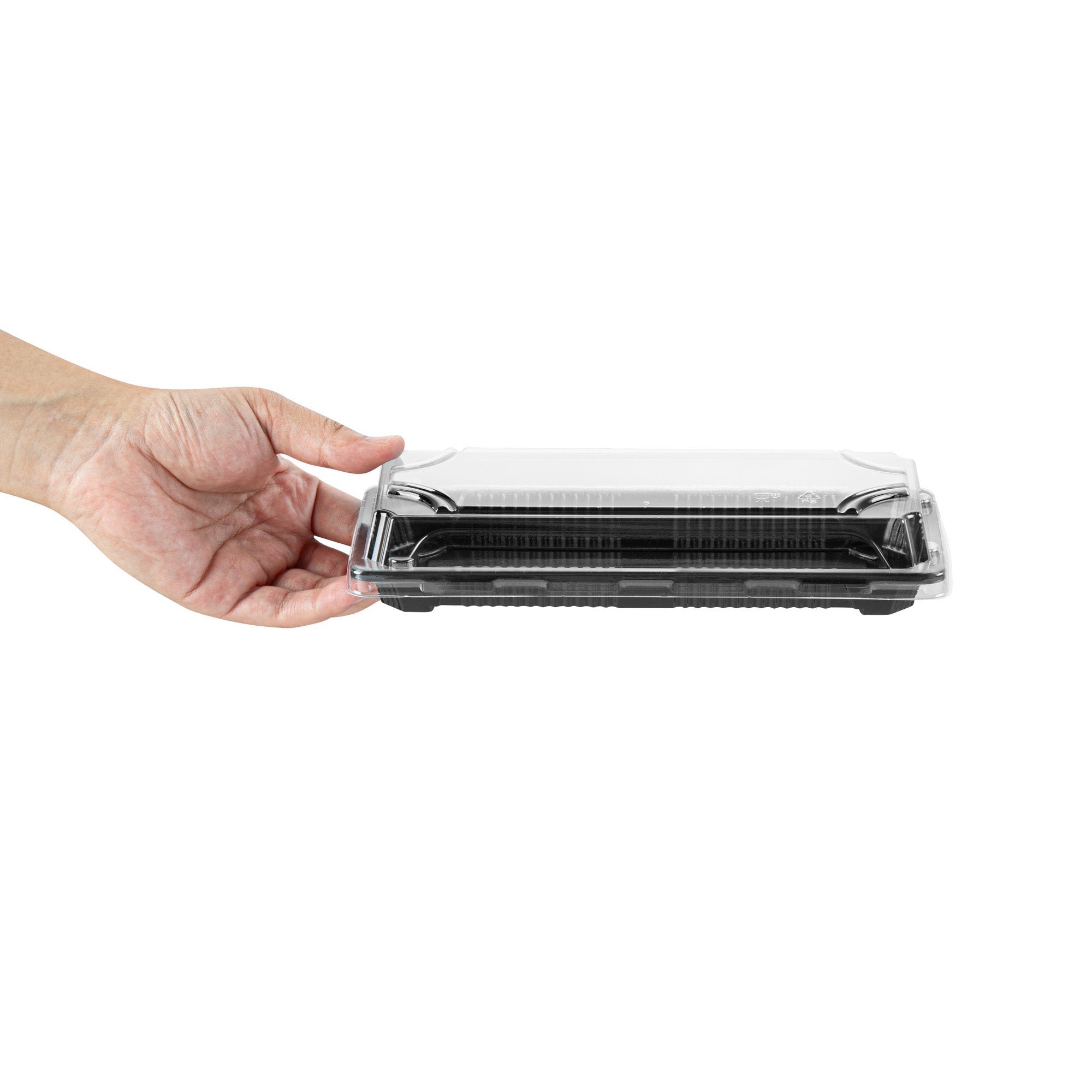 Roku Rectangle Black Plastic Take Out Sushi Tray - with Clear Lid - 8 1/2" x 3 1/4" x 1 3/4" - 100 count box